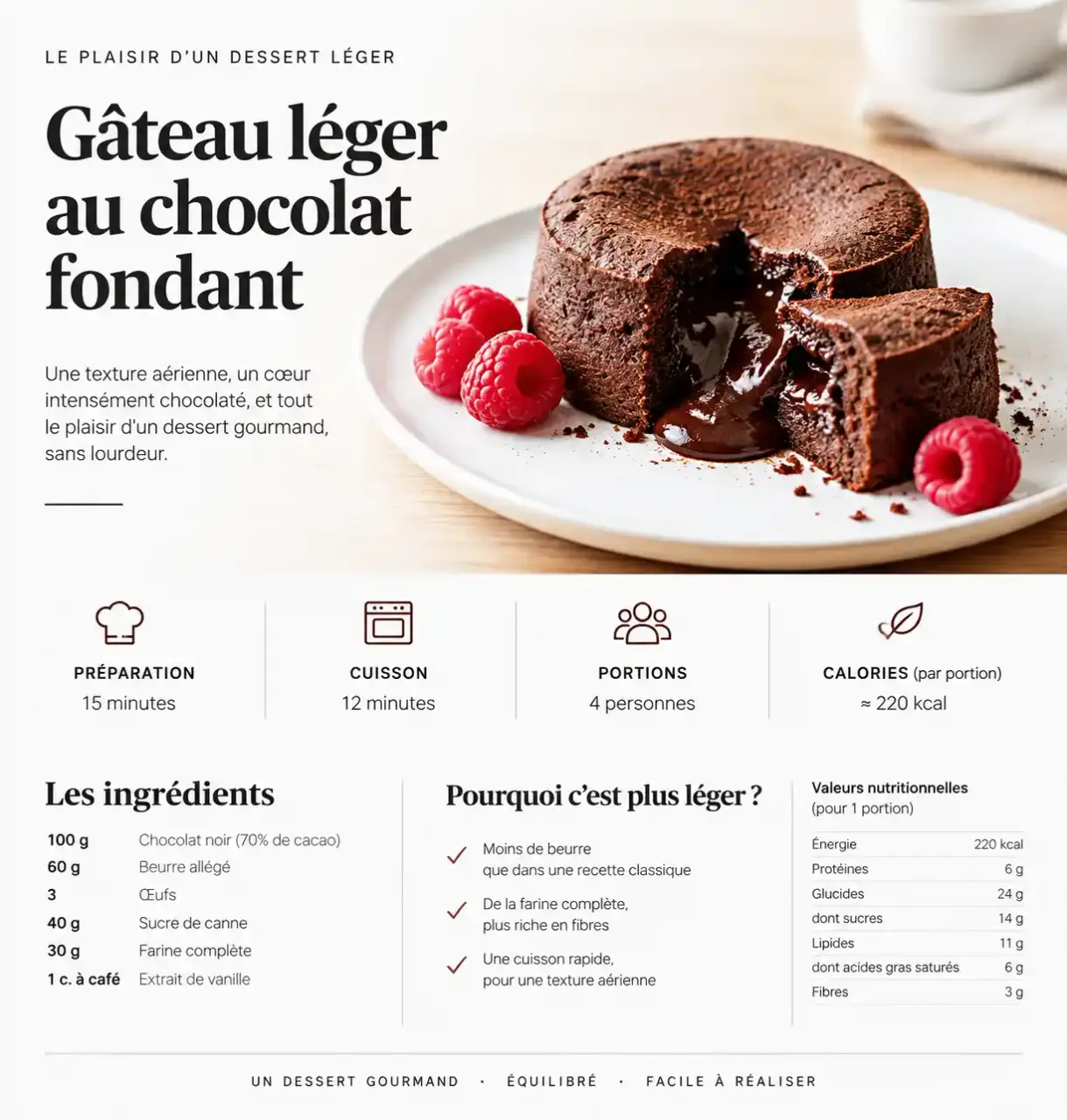Gâteau léger au chocolat Weight Watchers au fromage blanc 0 %, part fondante servie avec des fruits rouges