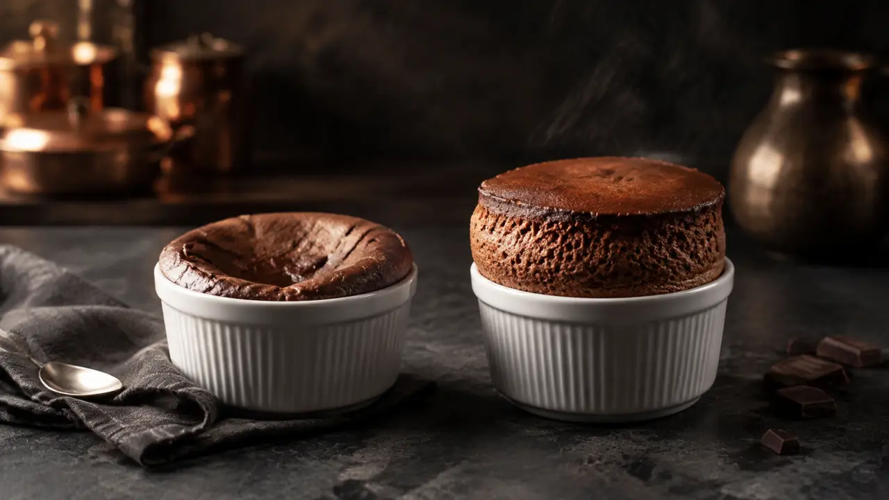 Soufflé doré et aérien servi dans une jolie porcelaine sombre