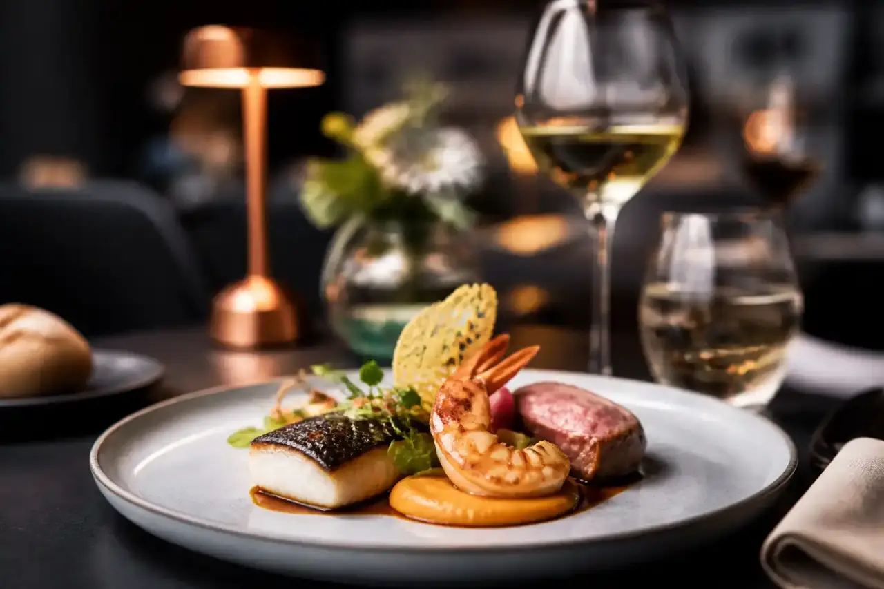 Plat gastronomique en clair-obscur à La Table de l'Épicurien