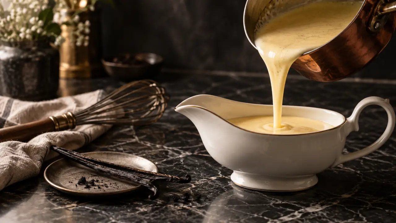 Crème anglaise onctueuse servie autour d'un dessert raffiné