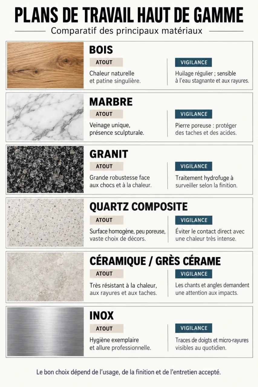Infographie des matériaux d’une cuisine haute de gamme et de leurs contraintes d’entretien