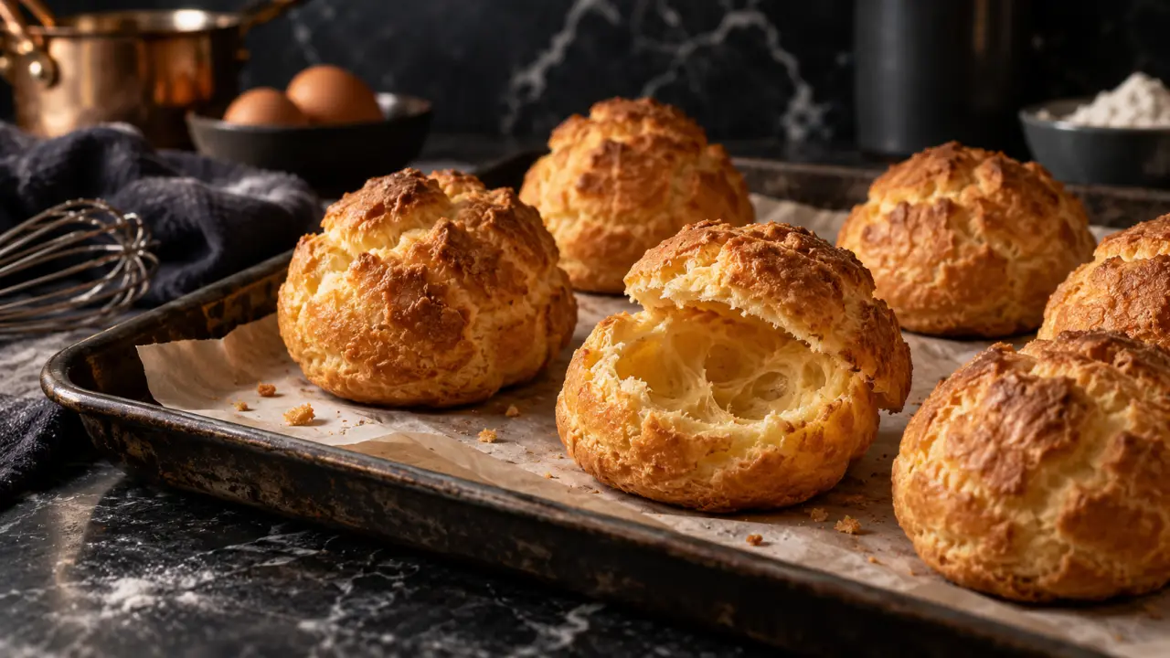 Pâte à choux dorée et bien gonflée, garnie d'une crème pâtissière