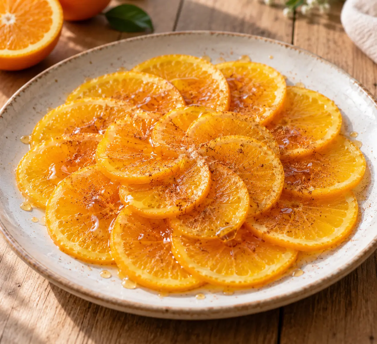 Carpaccio d’orange : des tranches fines, du miel et juste assez de cannelle