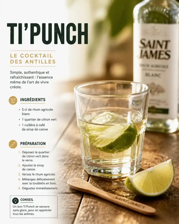 Cocktail antillais Ti'Punch servi dans un verre tumbler avec citron vert