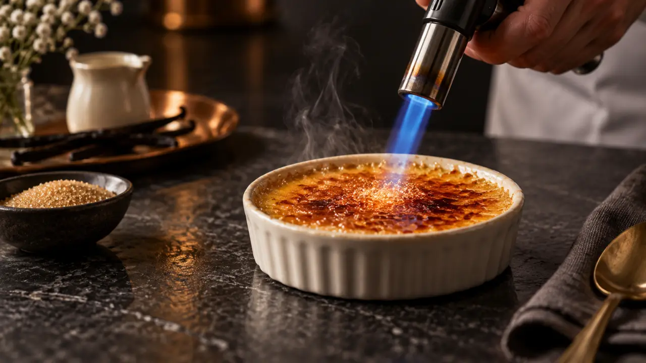 Crème brûlée dorée et caramélisée dans un ramequin