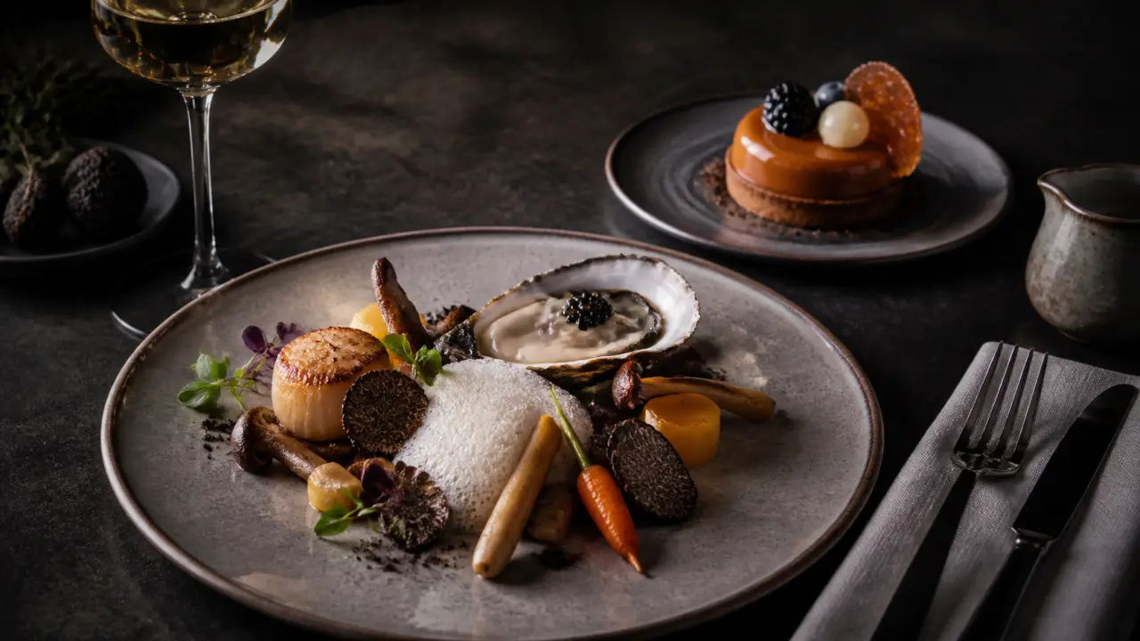 Plat gastronomique dressé en clair-obscur dans une ambiance élégante