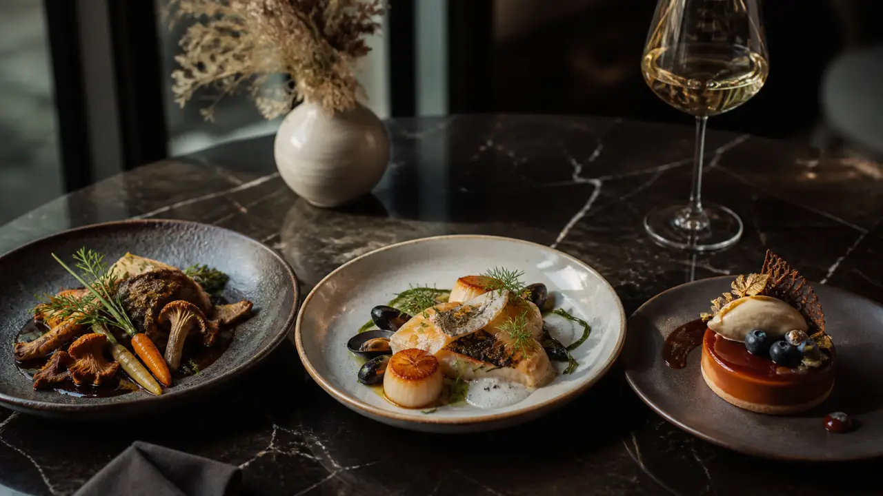 Assiette gastronomique en clair-obscur, dressée avec précision, herbes fraîches et sauce brillante