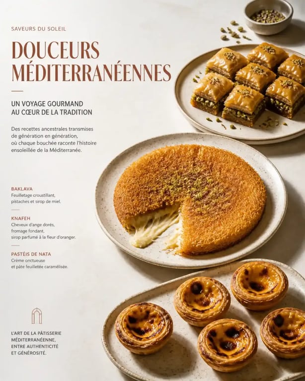 Assortiment de desserts méditerranéens avec baklava, knafeh et pastéis de nata