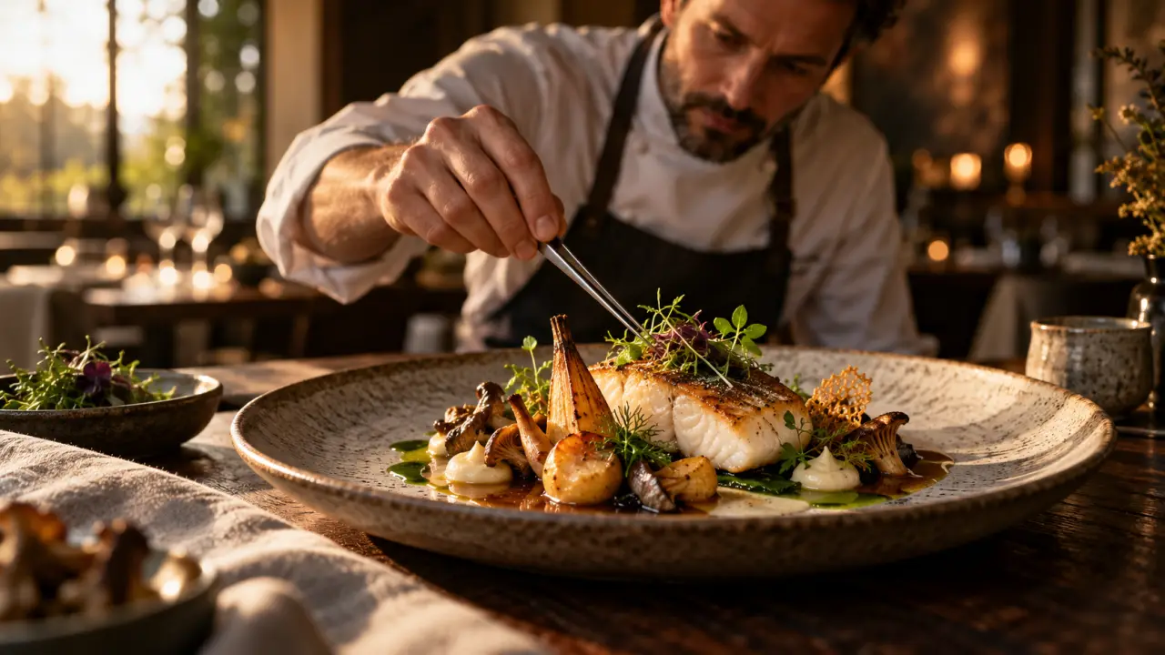 Assiette gastronomique inspirée du terroir français, dressée dans une atmosphère intimiste
