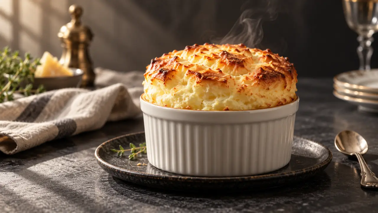 Soufflé au fromage doré, gonflé et servi dans un ramequin