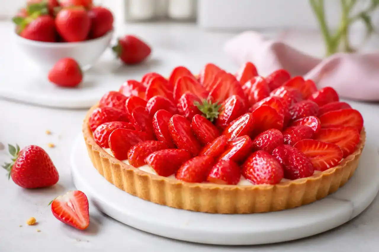 Tarte aux fraises élégante, dressée sur une assiette sombre dans une lumière douce et contrastée
