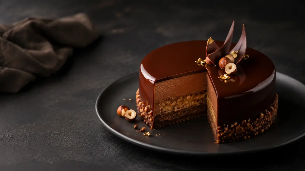 Entremets chocolat-praliné dressé avec élégance sur fond sombre