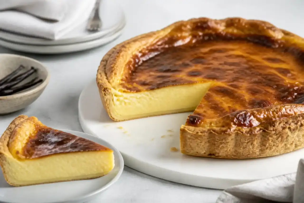 Flan pâtissier doré à la texture soyeuse, découpé sur une planche en bois sombre