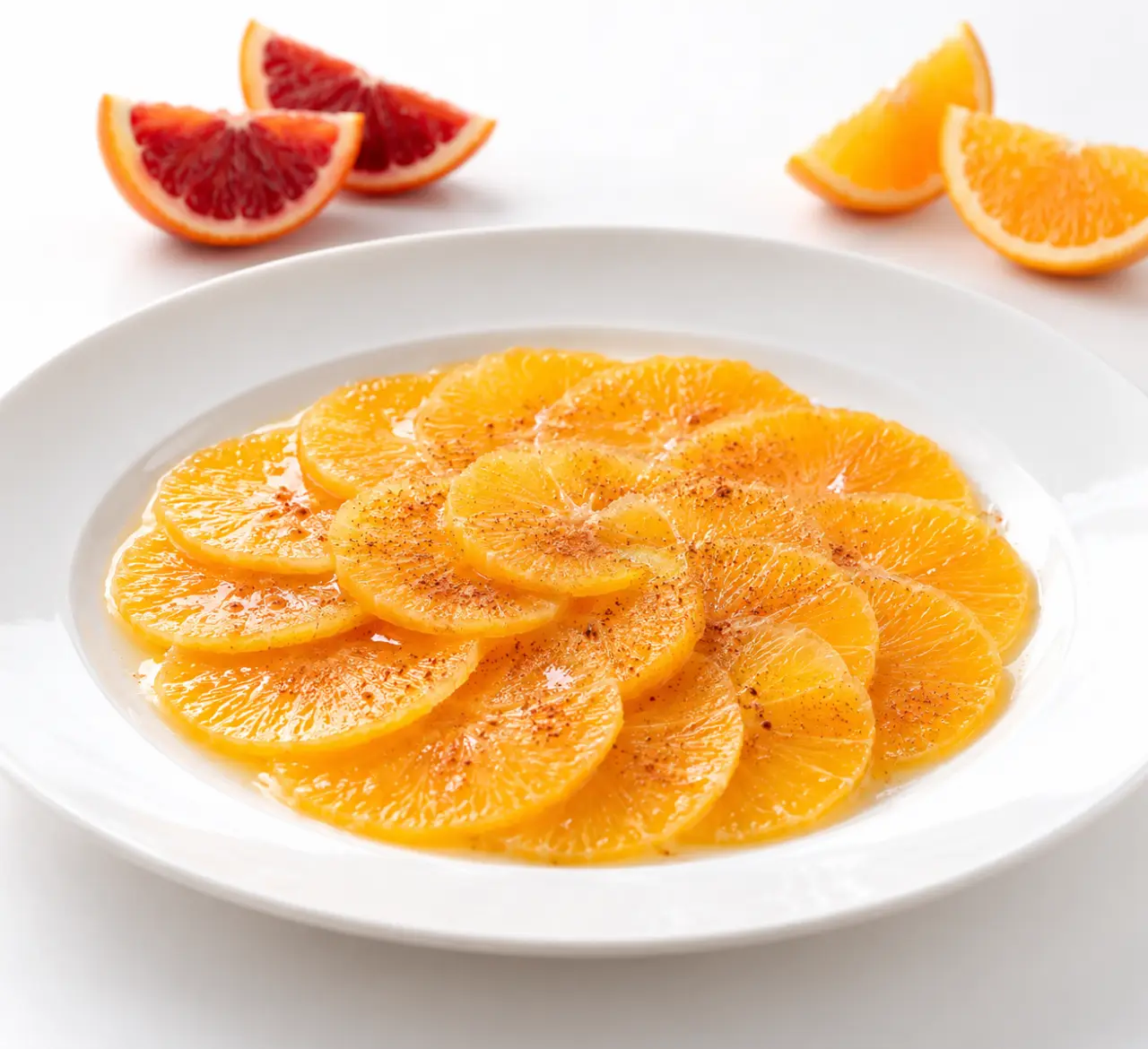 Carpaccio d orange en fines rondelles avec cannelle servi en rosace