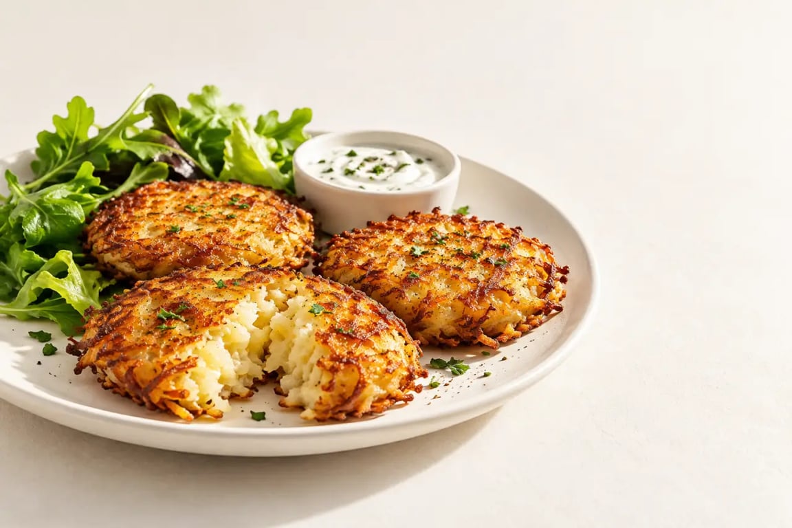 Recette avec pomme de terre cuite : galettes dorées servies avec une salade