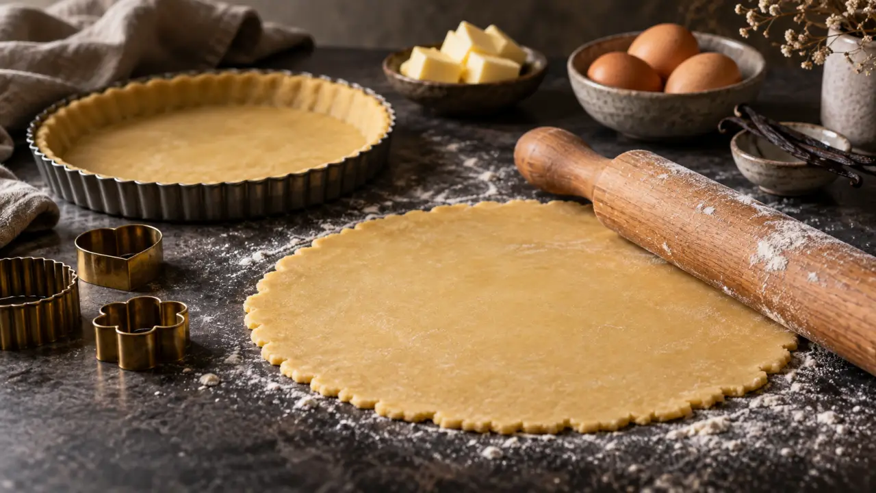 Pâte sablée dorée étalée sur un plan de travail de pâtisserie