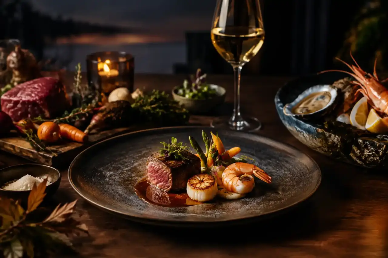 Assiette gastronomique terre-mer dressée dans une ambiance sombre et élégante