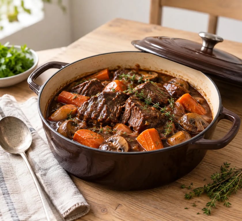 Plats mijotés cocotte servis dans une cocotte en fonte avec légumes et sauce
