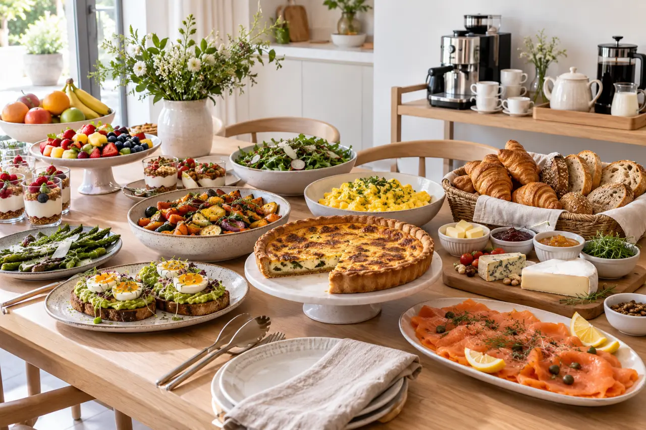 Organisation d'une recette brunch en buffet avec zones salées, sucrées et boissons