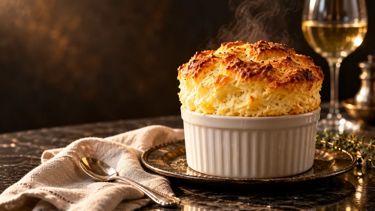 Soufflé au fromage doré, servi dans un ramequin en céramique sombre
