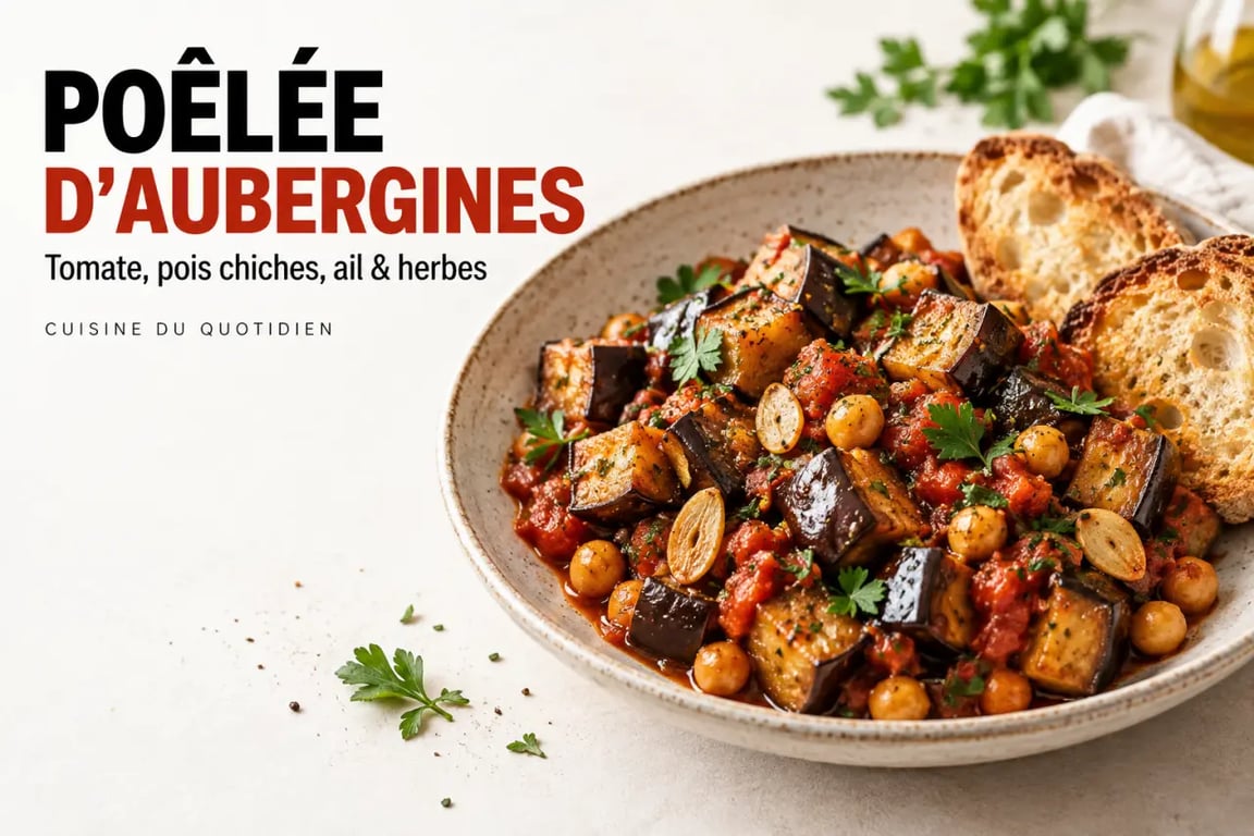 Recettes faciles avec aubergines : poêlée d'aubergines à la tomate et aux pois chiches