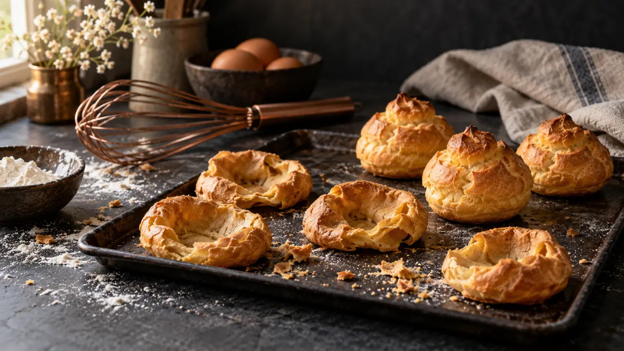 Choux pâtissiers dorés et gonflés sur une plaque de cuisson