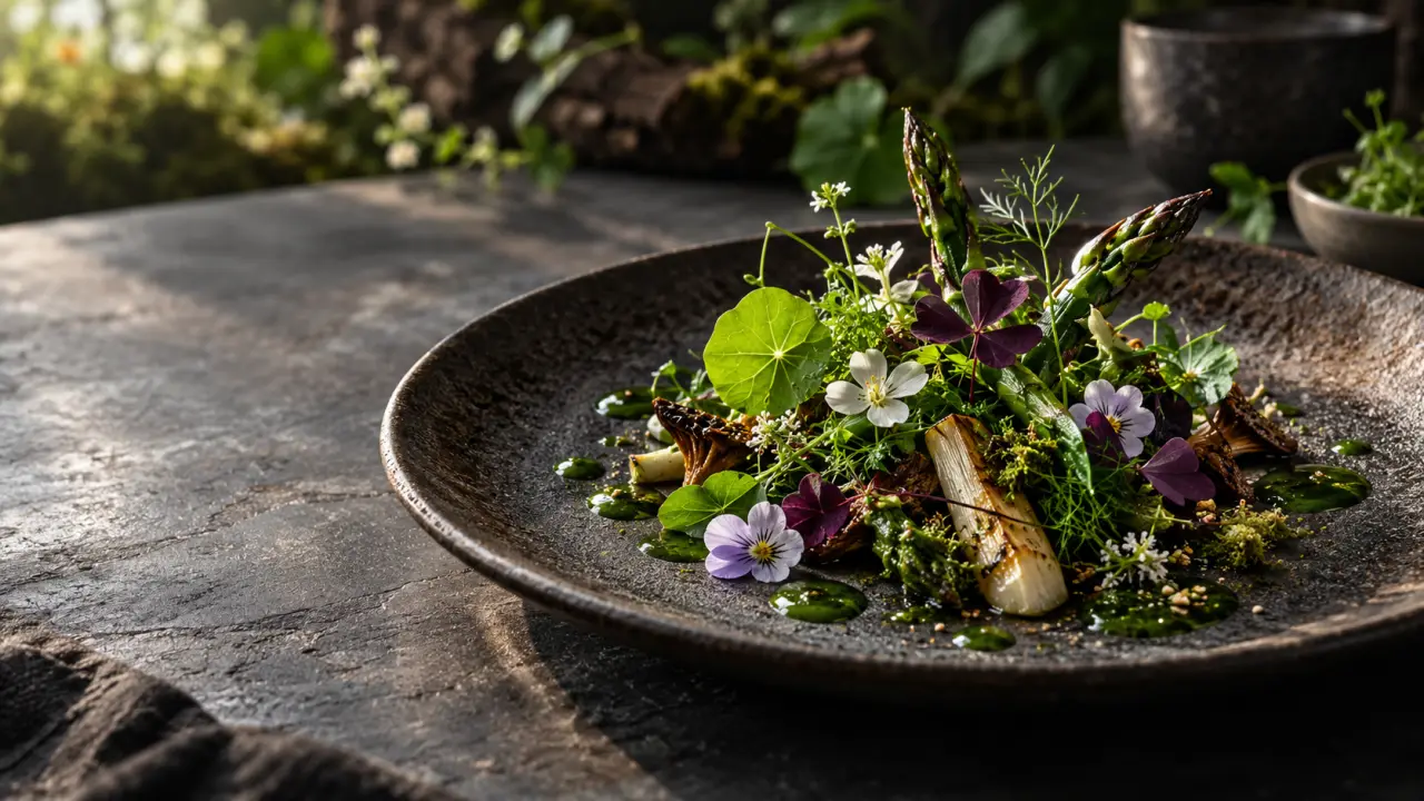 Assiette gastronomique composée de végétaux sauvages, d'herbes fraîches et de fleurs comestibles