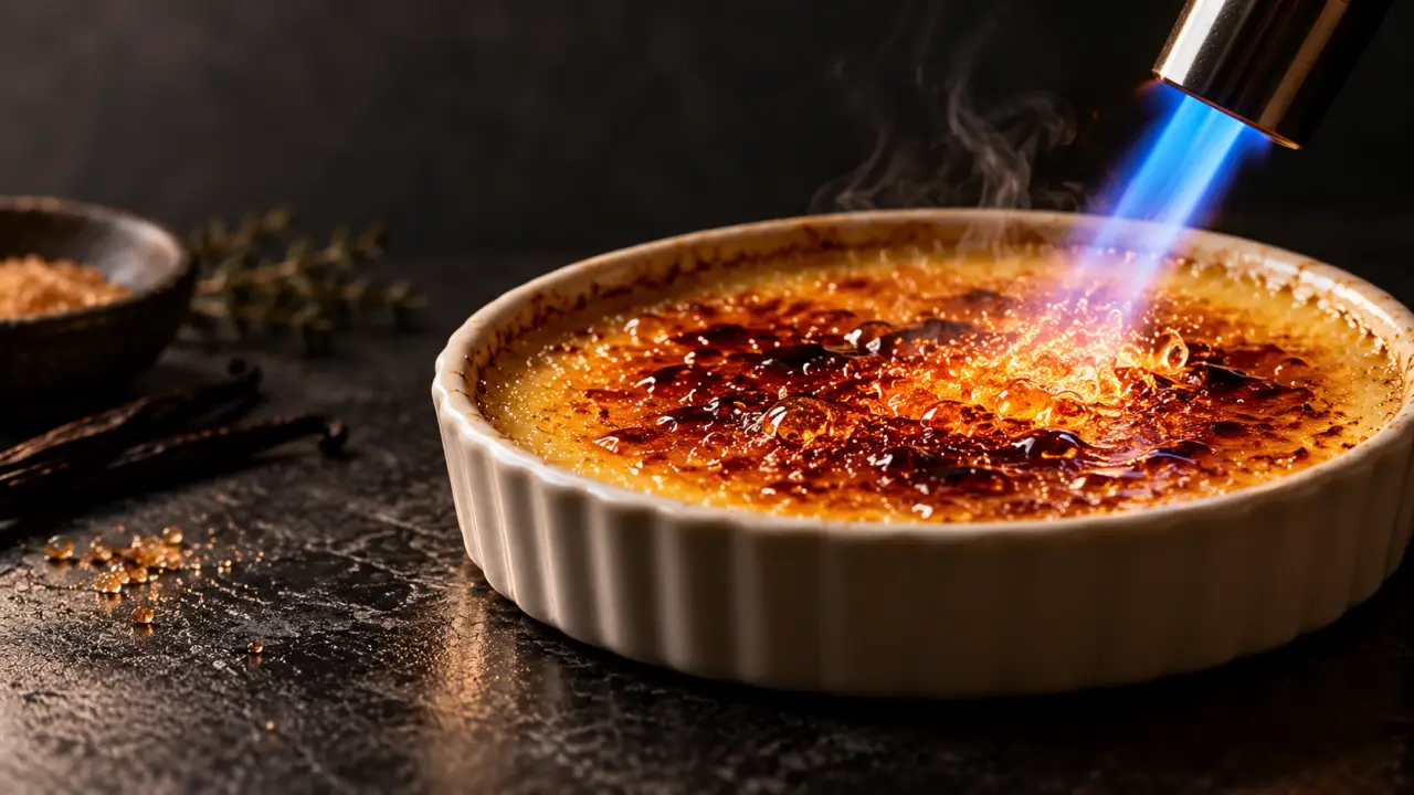 Crème brûlée dorée, coiffée d'une fine croûte de caramel