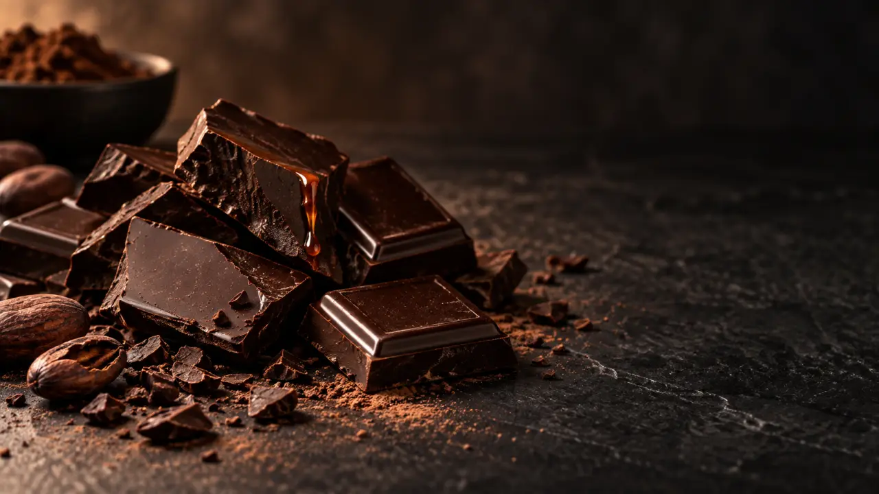 Carrés de chocolat noir sur une table élégante, dans une lumière tamisée
