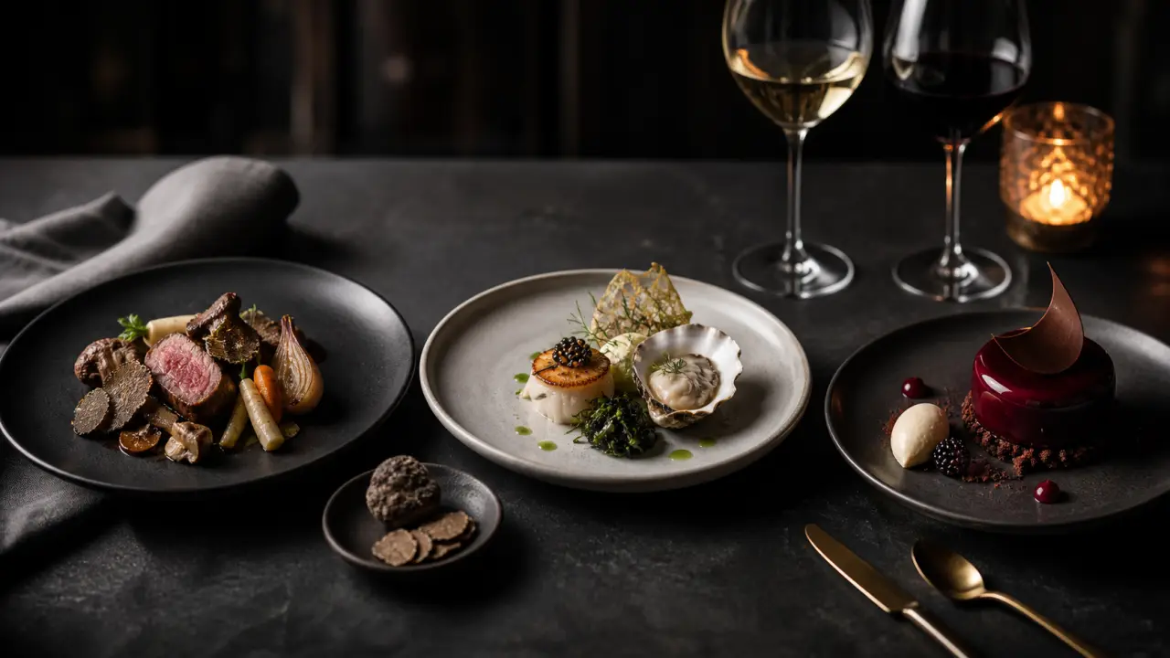Assiette gastronomique en clair-obscur, dressée avec élégance, herbes fraîches et sauce brillante