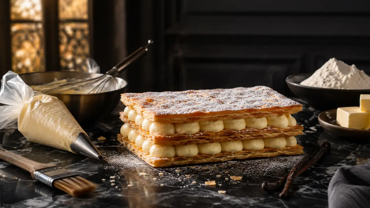 Millefeuille maison dressé avec élégance sur une assiette sombre