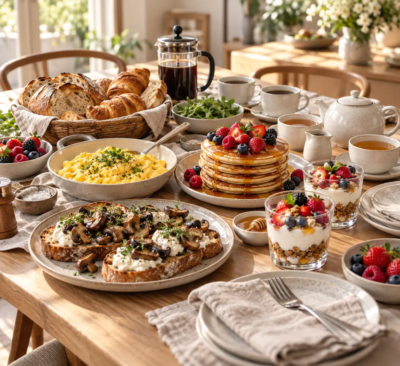 Recette brunch maison avec œufs brouillés, tartines, pancakes et verrines aux fruits