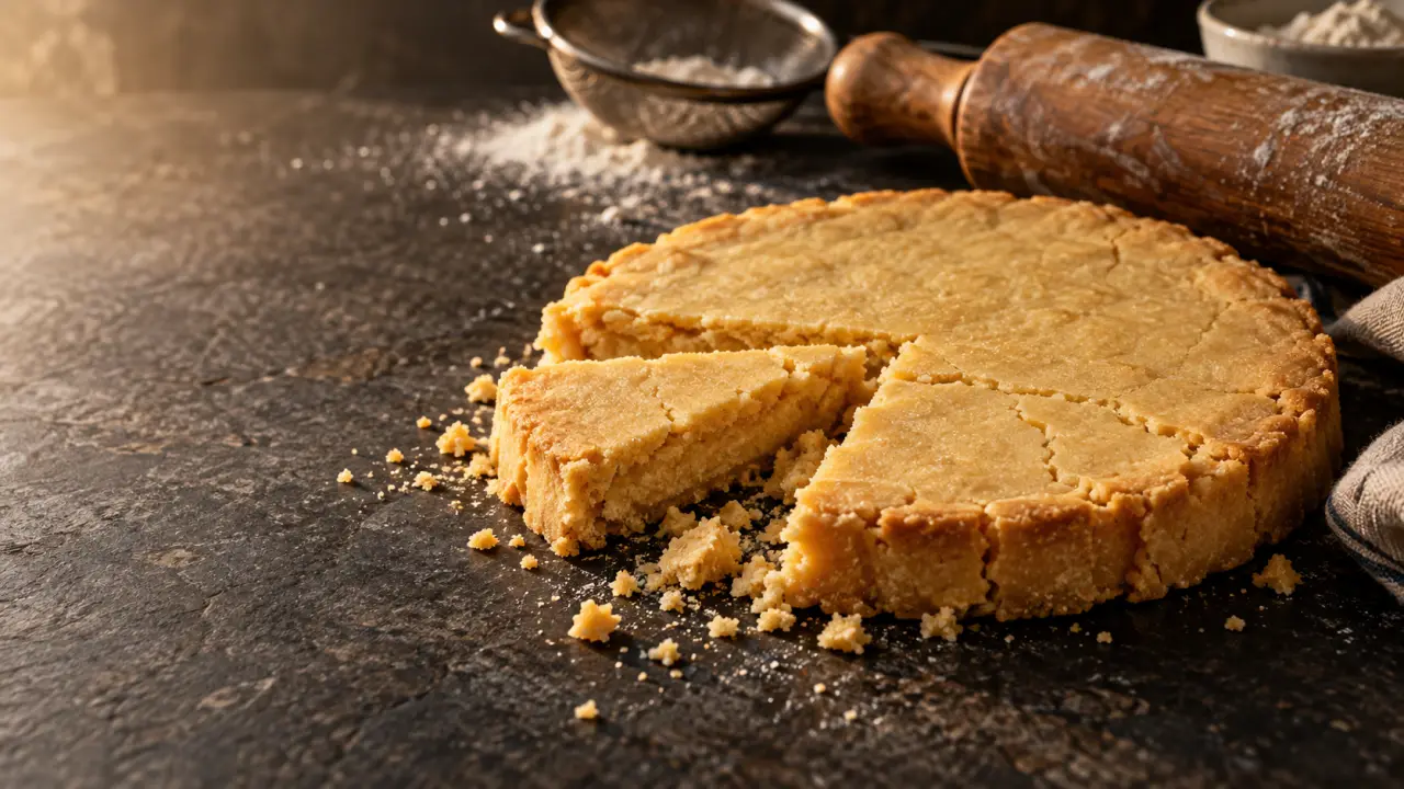 Pâte sablée dorée et friable présentée sur une table de pâtisserie