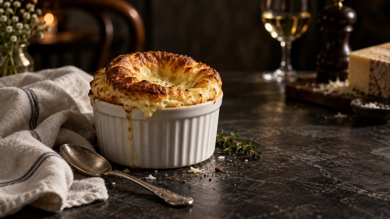 Soufflé au fromage doré, aérien et servi dans un ramequin