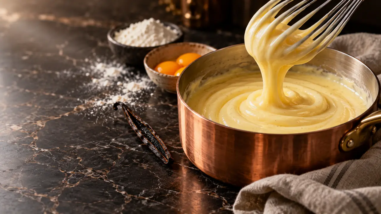 Crème pâtissière onctueuse dans un bol, préparée avec une gousse de vanille
