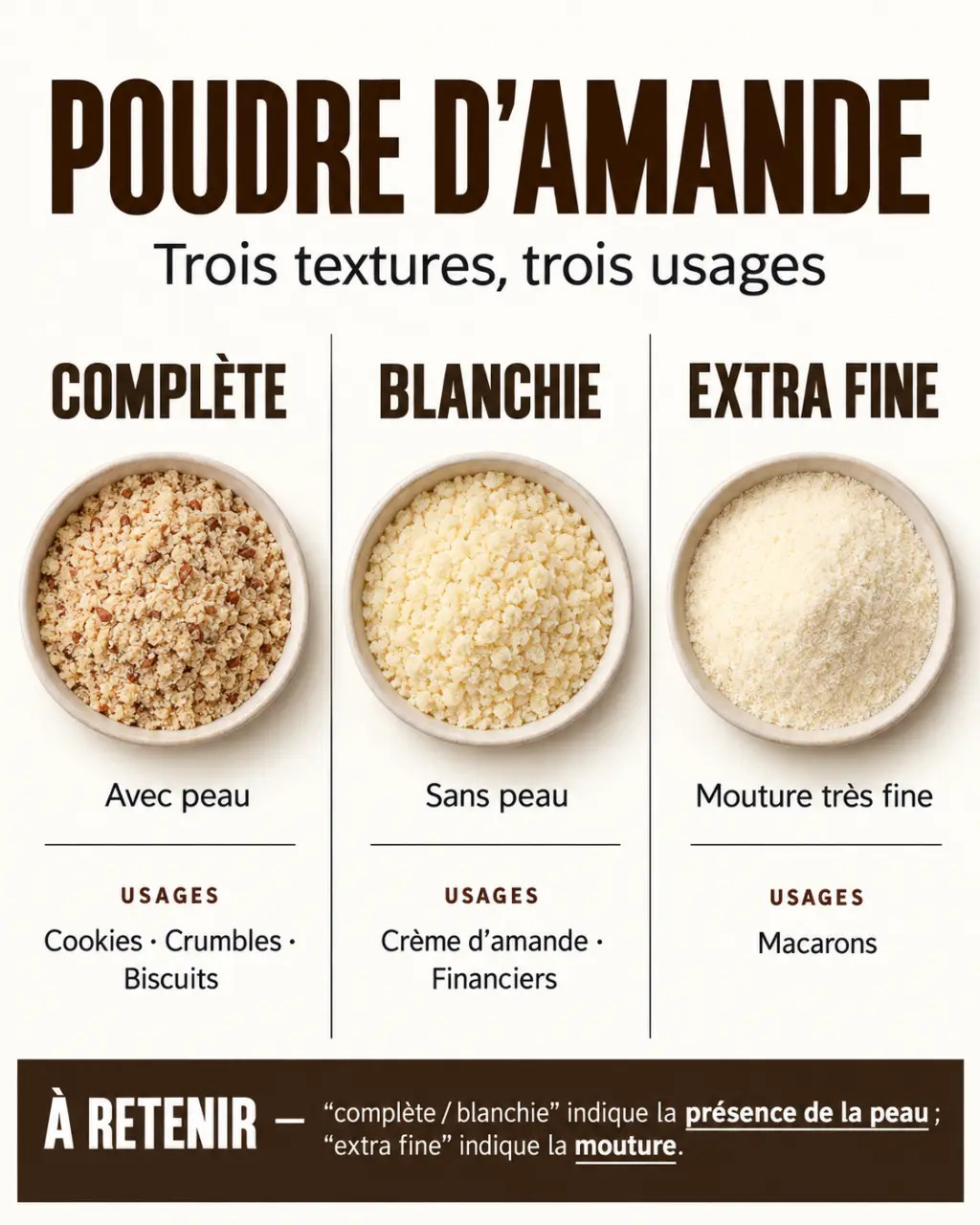 Poudre d’amande complète, blanchie et extra fine avec leurs usages en pâtisserie
