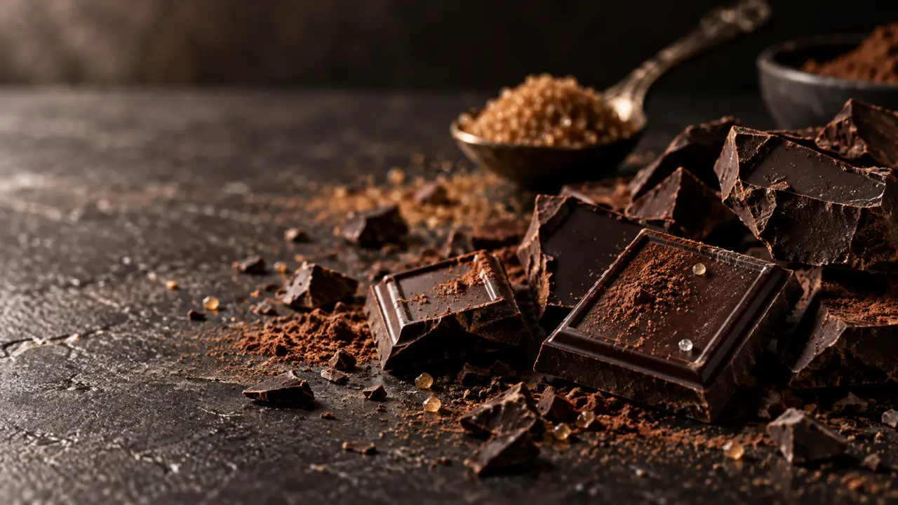 Carrés de chocolat noir sur une table sombre, avec des fèves de cacao et une lumière chaleureuse