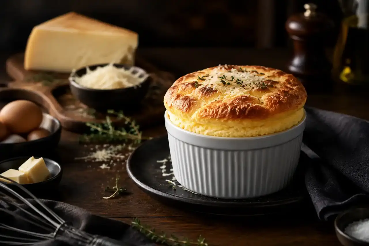 Soufflé au fromage doré servi dans une élégante cocotte