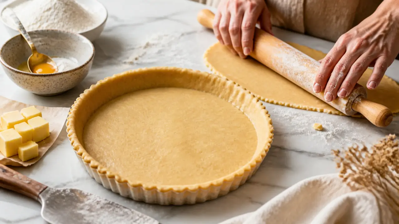 Photographie culinaire en clair-obscur d’une tarte à la pâte sablée, dressée avec élégance dans une ambiance feutrée.