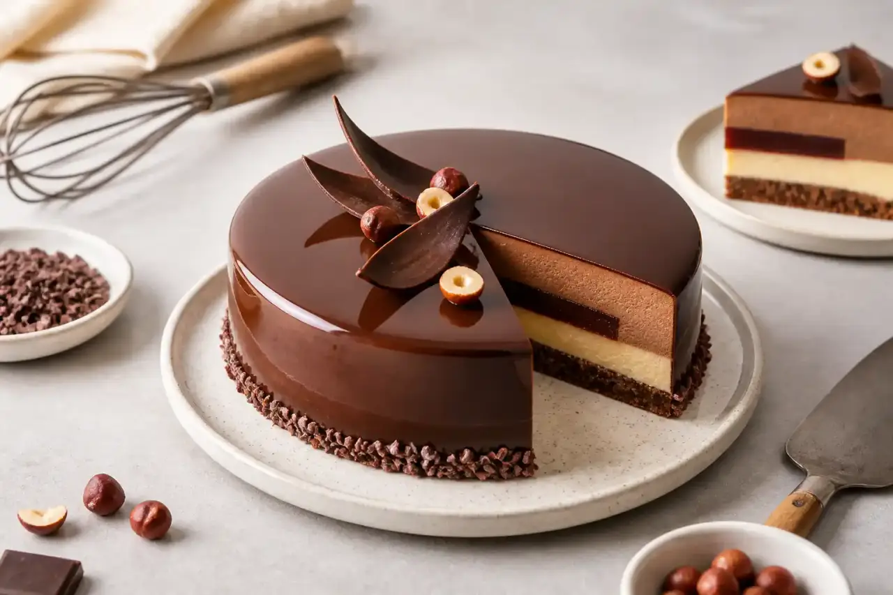Entremets maison élégant dressé avec finesse, en clair-obscur