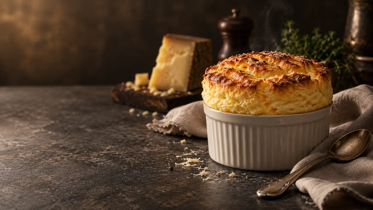 Soufflé au fromage doré, gonflé et servi dans une céramique élégante