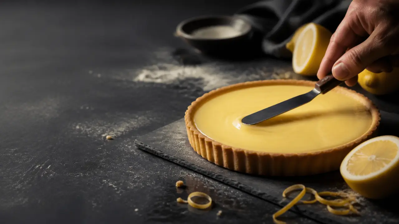 Tarte au citron du chef dressée avec élégance sur une table sombre