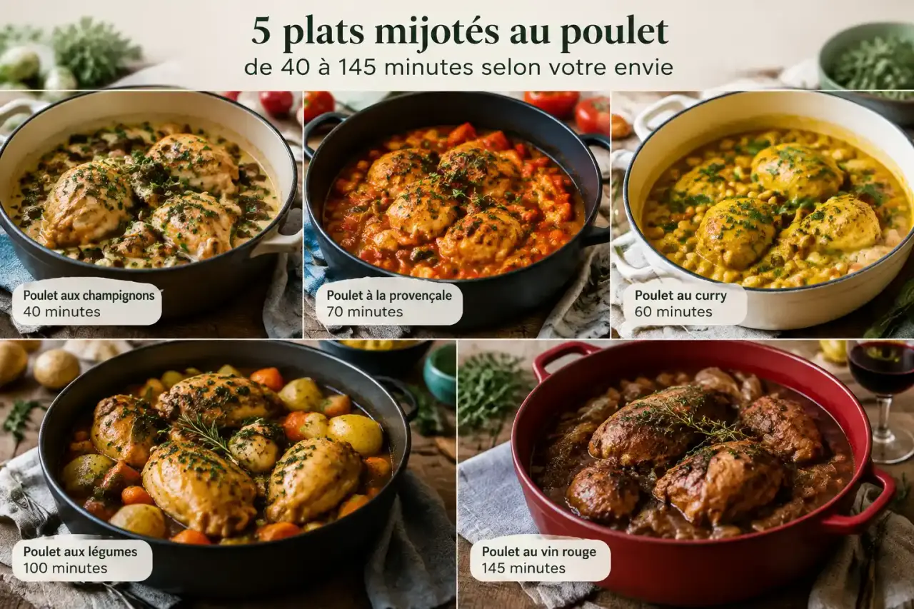 5 plats mijotés au poulet, de 40 à 145 minutes selon votre envie
